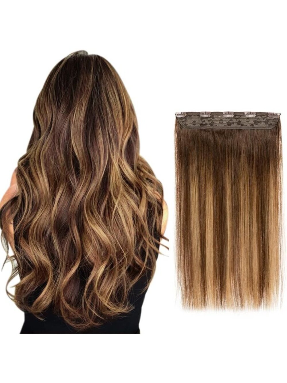 Clip-In Real Human Hair Extensions - Brown Balayage Remy, 70g, 16” Length